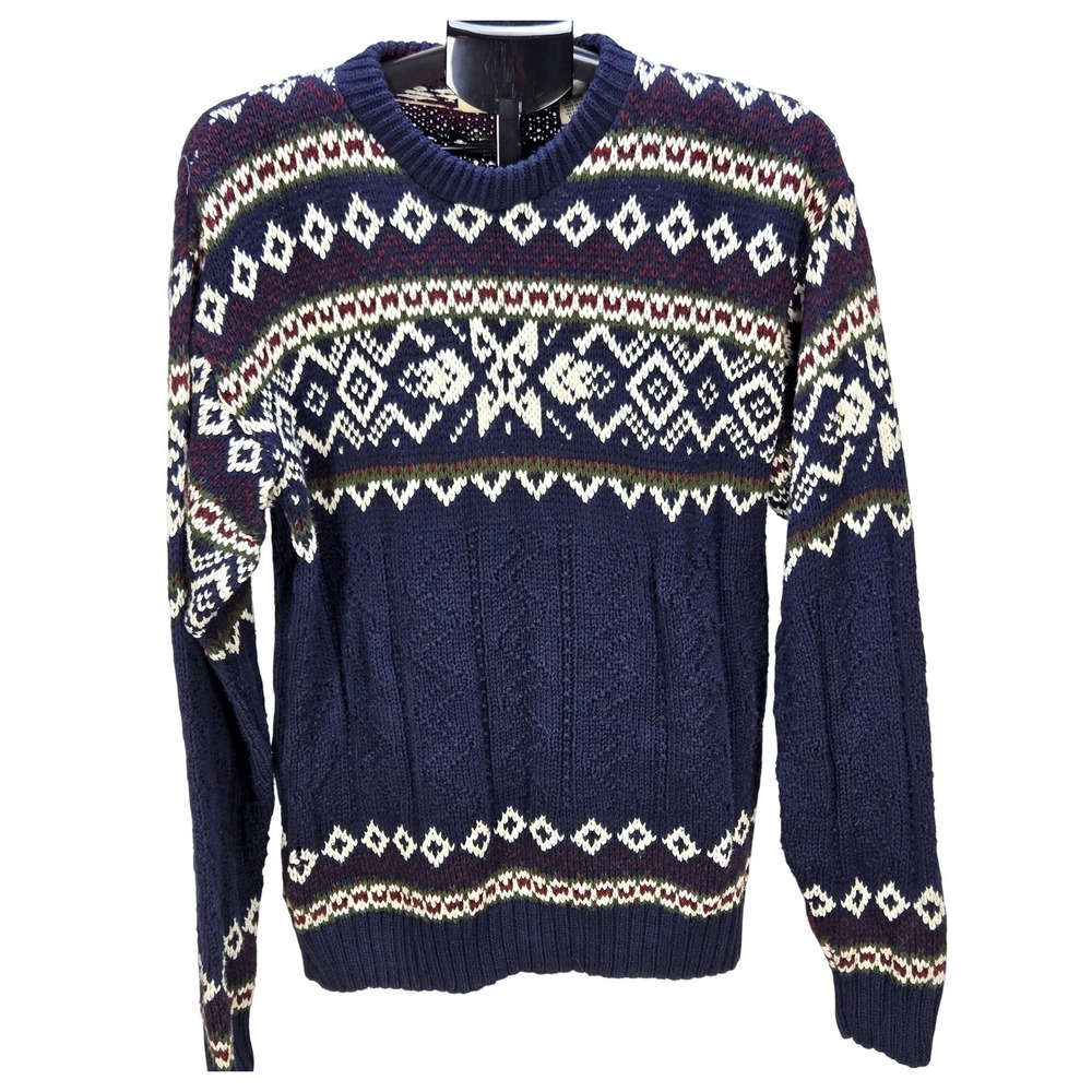VTG Men's Fieldmaster Medium Navy Fair Isle Nordic Cotton Knit Sweater USA